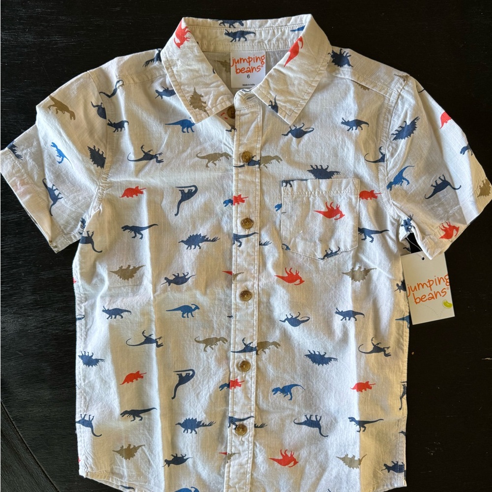 Jumping Beans boys kids Dinosaur Button Down Shirt - White, Blue, Red